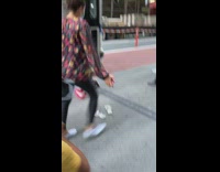 Trump costume mask lady american flag bus