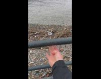 Guy breaks off icicles on metal bar