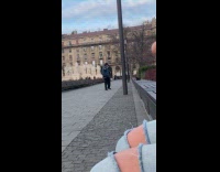 Man blue jacket tiktok dance at park