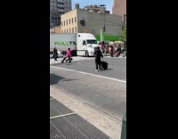 Truck try to make turn guy with mic