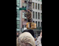 Man stands on stoplight near live performance