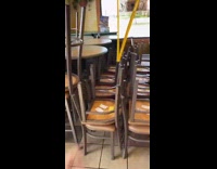 Guy throws wet floor sign slips falls