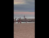 Woman in bikini sexy pose at the pole at the beach