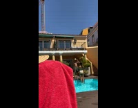 Green shorts guy white bikini girl pool 