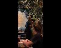 Woman walks up to green lizard costume 