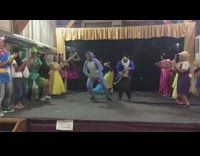 Group of people in costume dance and clap to music on stage
