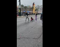 Woman zebra pants middle street during parade
