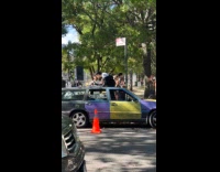 Man DJ on car roof at park