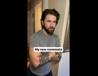 Guy slaps arms against body karate roommate 