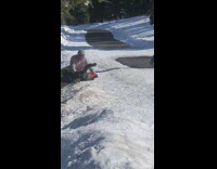 Little boy speeds down hill on sled 