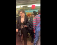 Collab Subway Creatures - Passengers in costume ride get off train clown with stroller