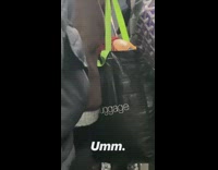 Mannequin head blue eyes inside bag on subway train