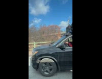 Truck drive carry piles of stuff bridge