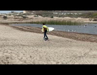 Man carry surfboard drag Onewheel on sand