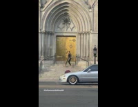 Girl on church steps tip toe picture