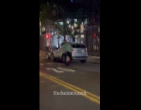 Man rides skateboard use crane as pole