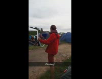 Guy catches beer can thrown far away inside beer bong 