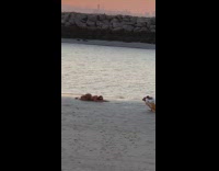 Woman beige beach dress windy photo shoot Part 2