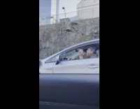 Man sings loud inside car and drives at road 