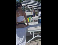 Girl black panty sit bed butt beach