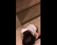 little girl in box falls down stairs