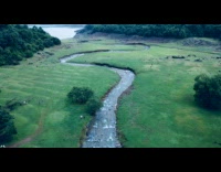 Drone shot of river connected to ocean