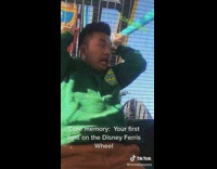 Person riding disney ferris wheel for first time screaming