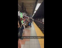 Guy in subway has two snakes