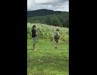 Rainbow shirt guy dances corn wheat field 