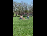 Collab IITW - Woman kneel read book park with dog