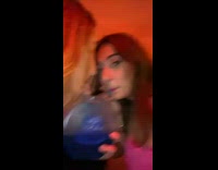 Three girls drinking blue drink and guy asks to see boobies