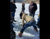 boy almost falls in frozen lake fail 