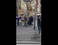 Foodie sidewalk grey hat brown pants honk