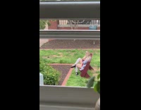 Girl red dress animal ears tail bench