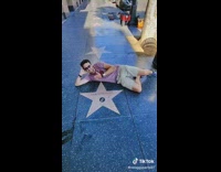 Man puts sticker on Hollywood Walk of Fame star