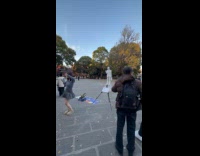 Woman grey dress dances near the mime
