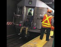 Collab Subway Creatures - Sad guy sits on the edge of subway train and waits for train to go, attendants tell him to get off