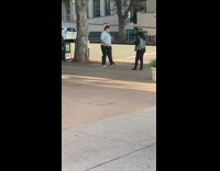 Guy blue shirt walk dance tiktok street tree