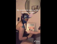 Girl walks into room blue stitch makeup on