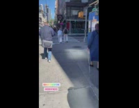 Man pull wheelchair with skeleton at street in NY 