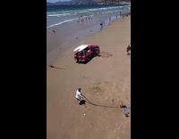 Little kid jump rope on beach slips and falls 