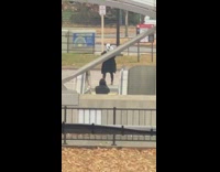 Panda head dances at the top of stairs in park