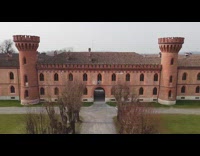 Drone flies away from brown university building 