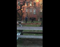 Denim jacket girl throws leaves photographs friend 