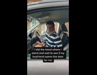 Girl waits for boyfriend to open door 