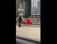 Red tutu skirt girl upside down bench