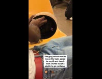 Man with pet tortoise on subway
