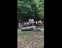 Man ride electric bike with large dog park
