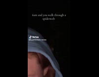 Woman walking through spider web spider crawls on head
