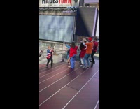 Group dance party USA stairs flag coat